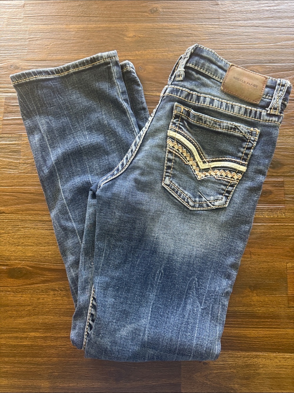 Buckle Blue Denim Jeans with Embroidered Back Pocket